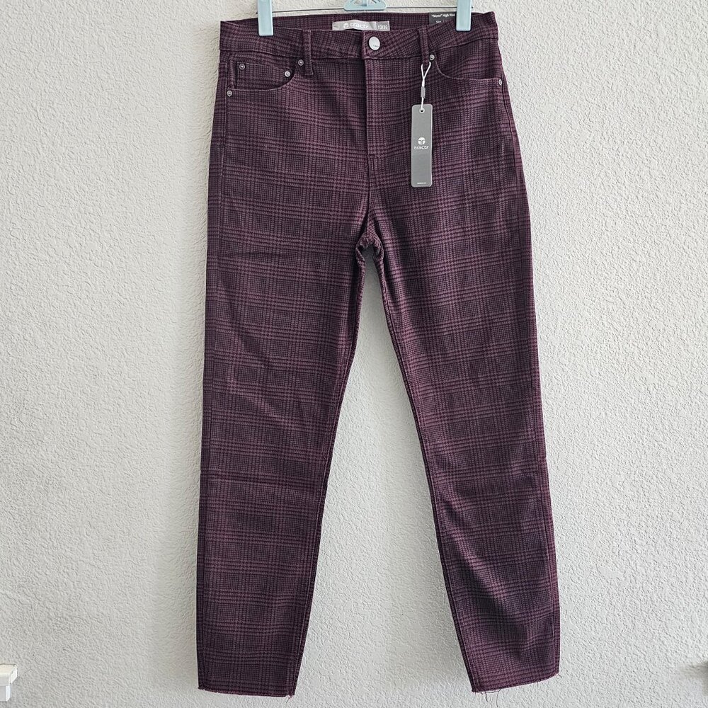 NWT | Tractr Mona High Rise Maroon/Black Houndstooth Check Pants Raw Hem Size 10